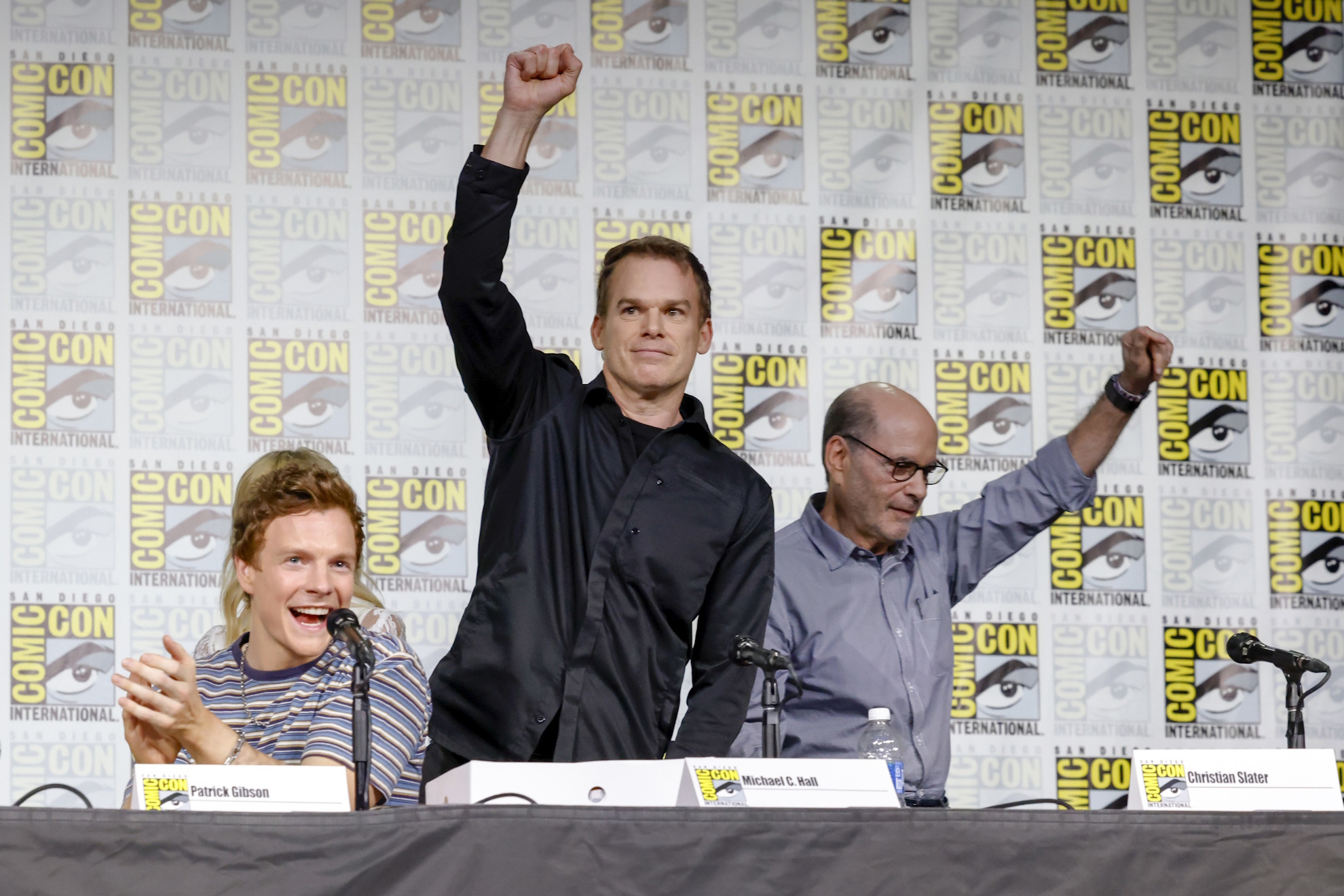 Patrick Gibson, from left, Michael C. Hall and Christian Slater attend a panel for Dexter: Original Sin during Comic-Con International.