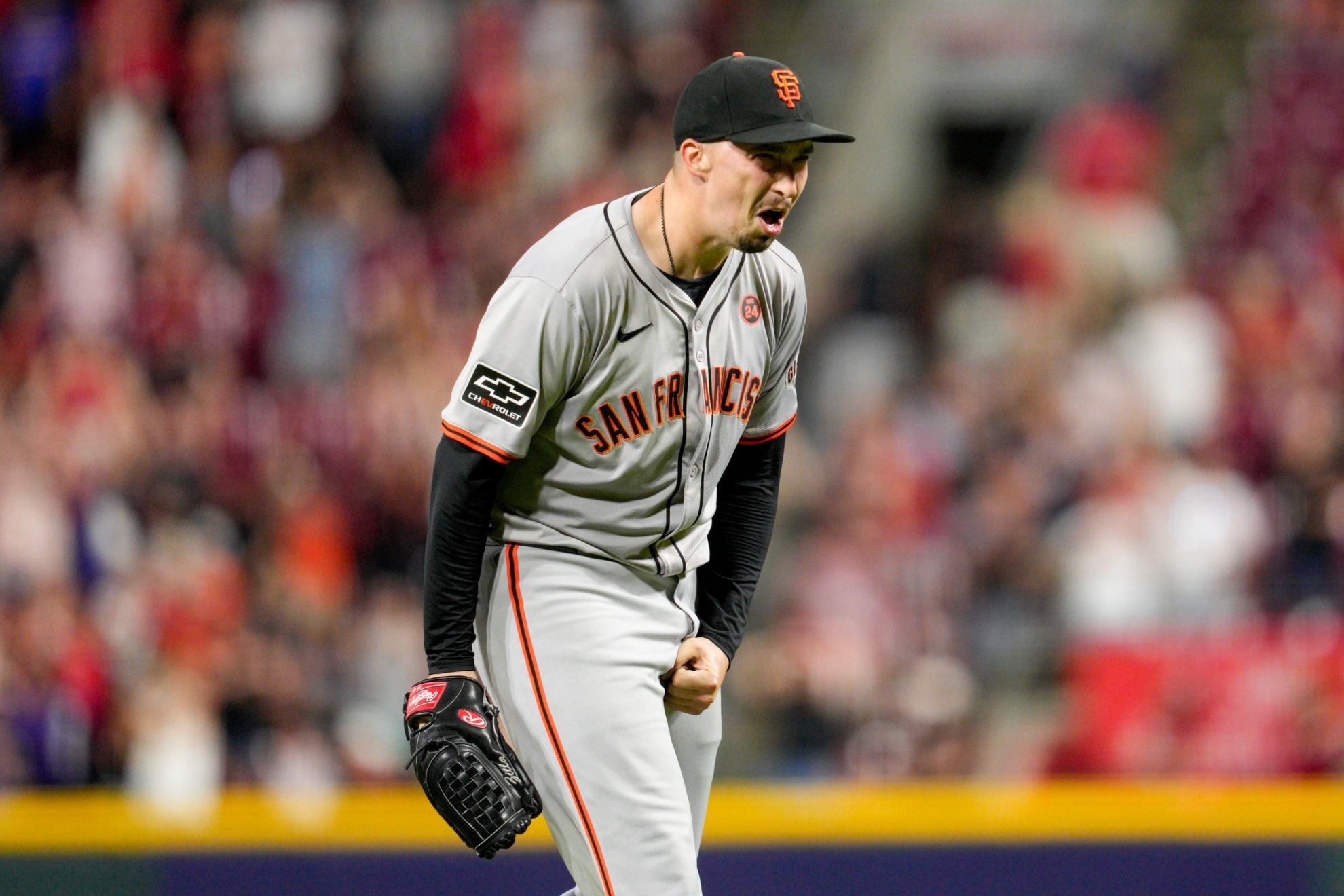 San Francisco Giants pitcher Blake Snell reacts after his no-hitter in nine complete innings of a baseball game against the Cincinnati Reds, Friday, Aug. 2, 2024, in Cincinnati. (AP Photo/Jeff Dean)