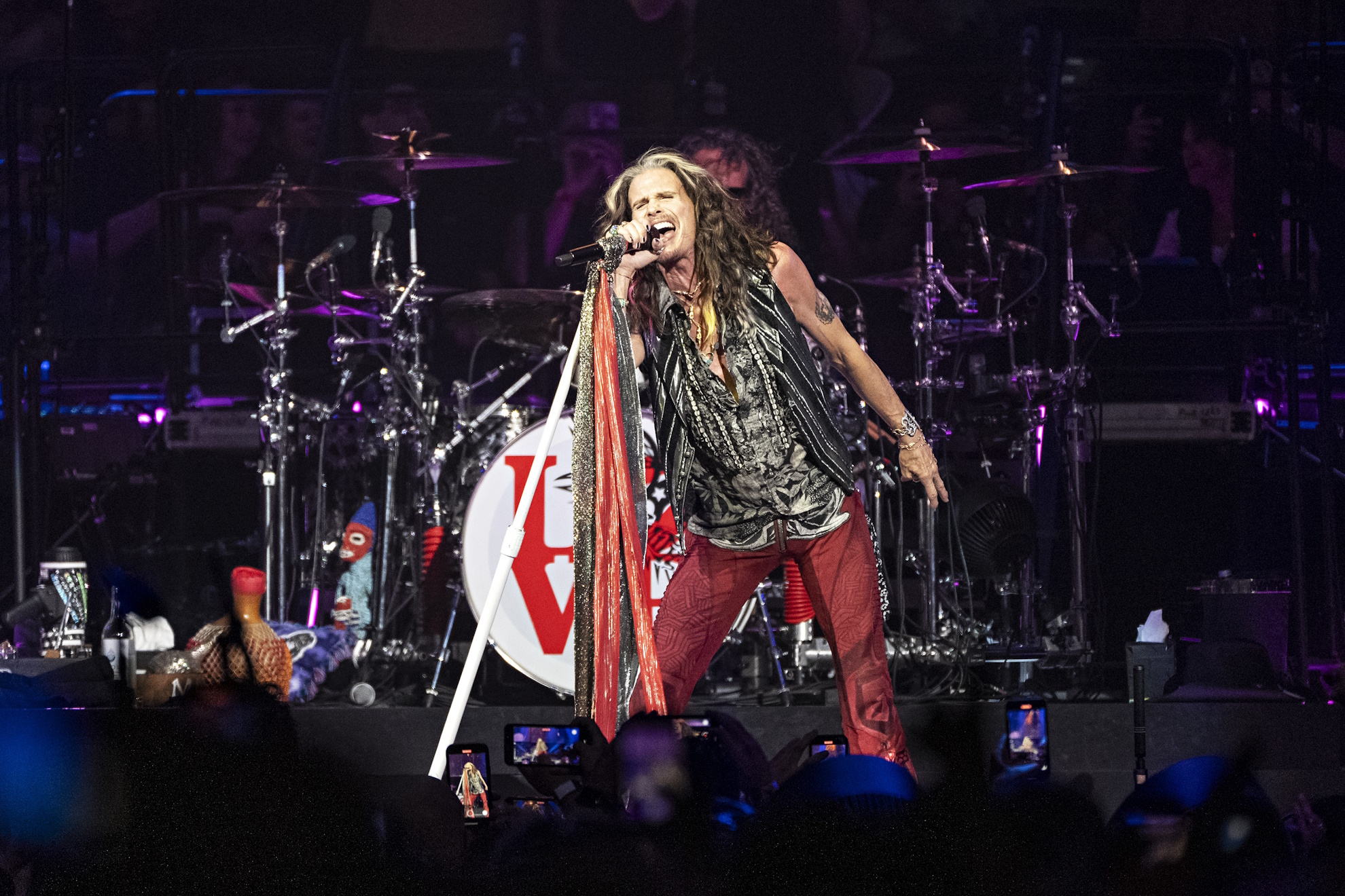 Steven Tyler of Aerosmith performs during night one of their Peace Out: The Farewell Tour .