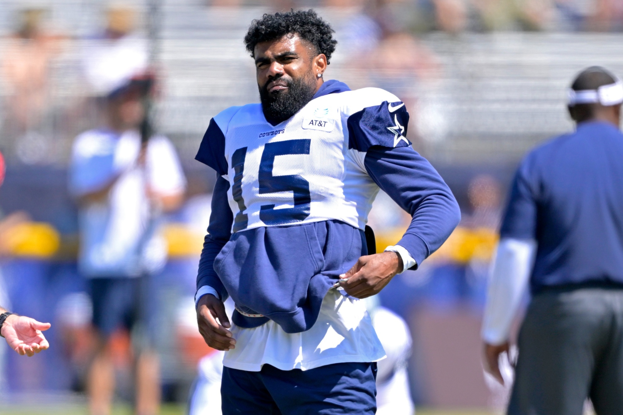 Dallas Cowboys running back Ezekiel Elliott looks on during NFL football training camp Wednesday, July 31, 2024, in Oxnard, Calif. (AP Photo/Jayne Kamin-Oncea)