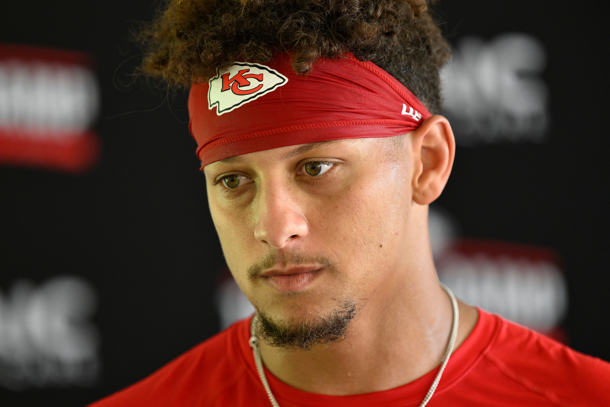 Patrick Mahomes speaks to the media after a training camp practice.