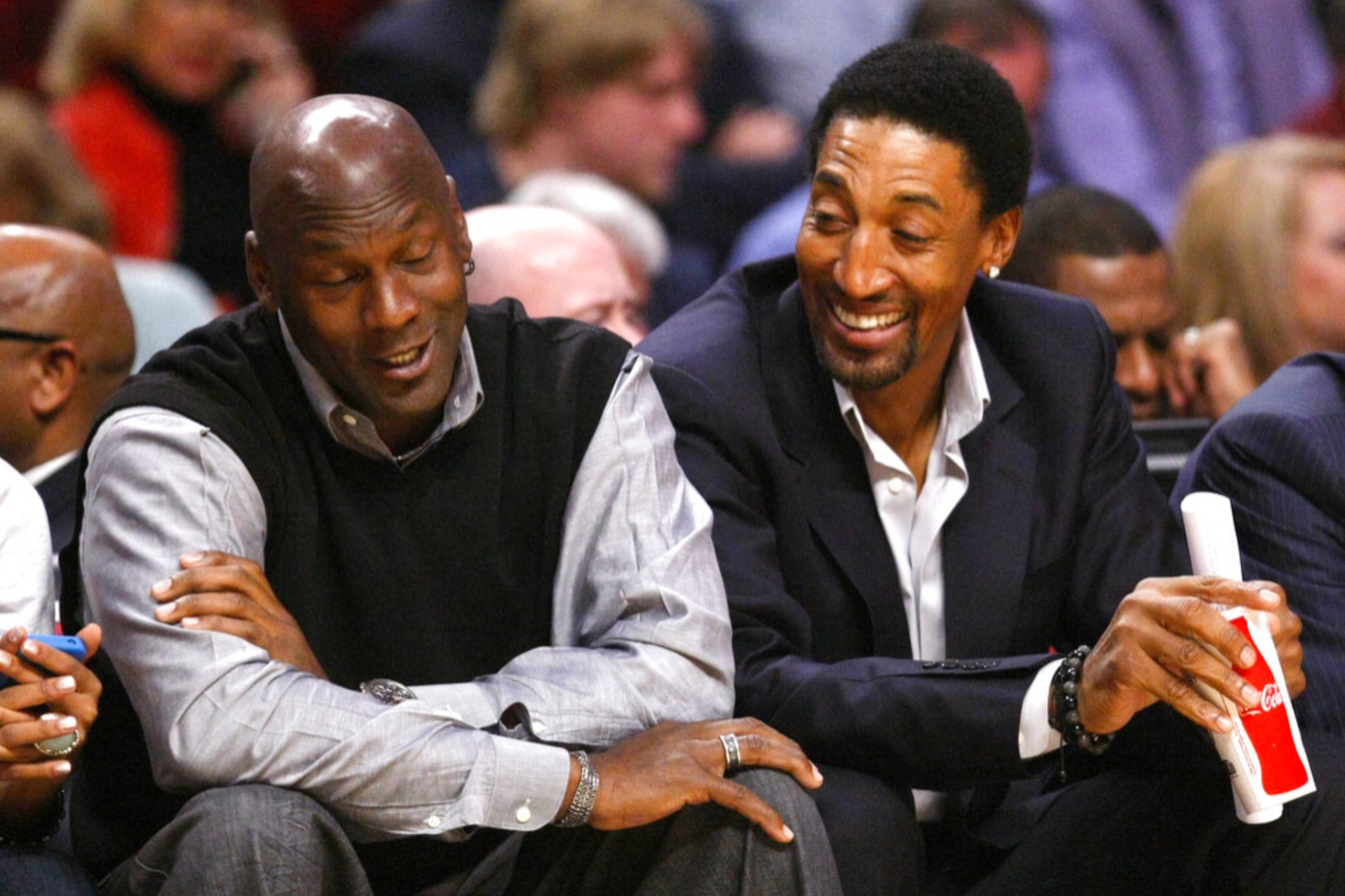 Michael Jordan and Scottie Pippen at the game between the Bulls and them Bobcats in Chicago in 2011