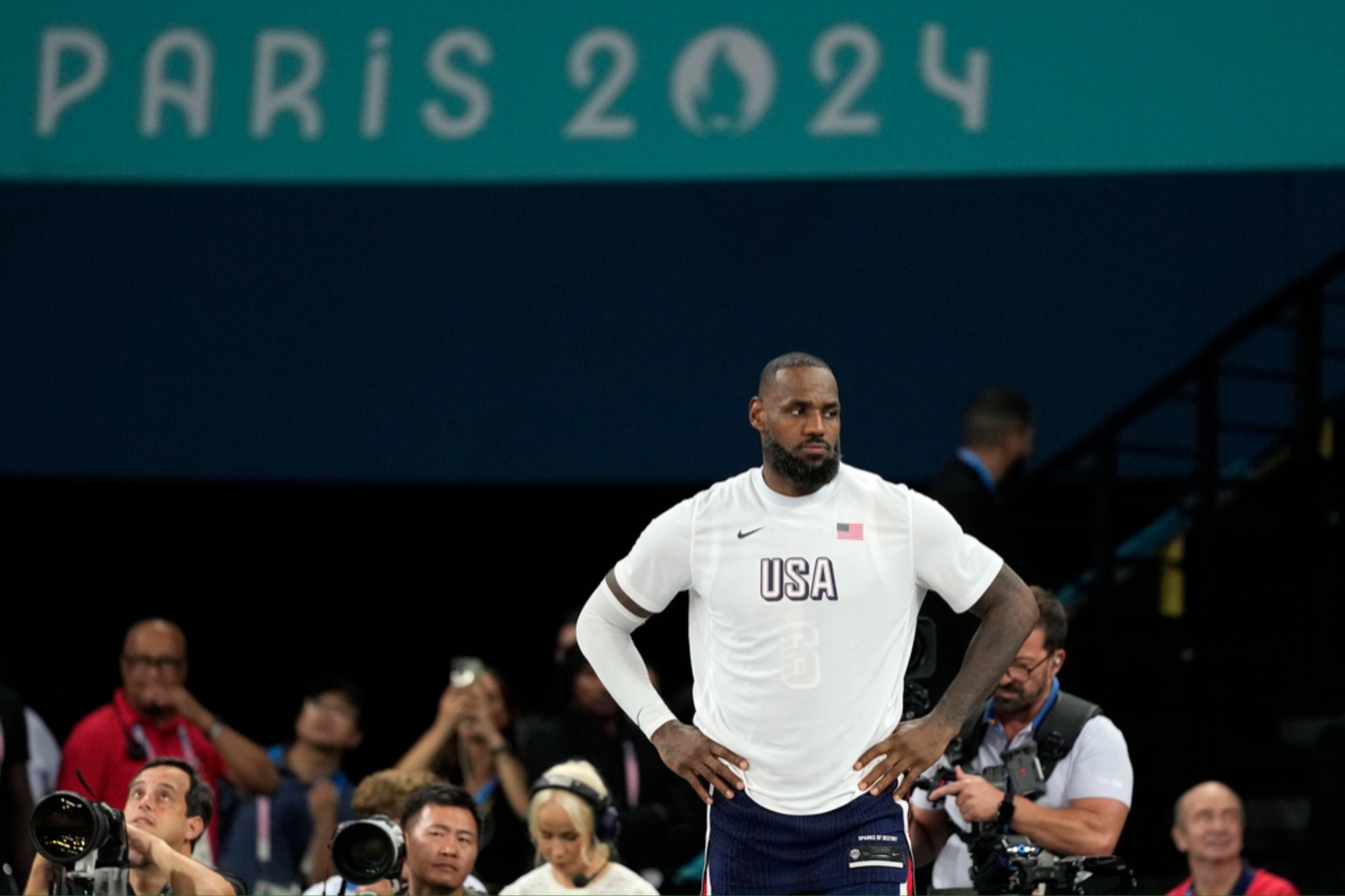 LeBron James was not happy after having to leave the game against Brazil.