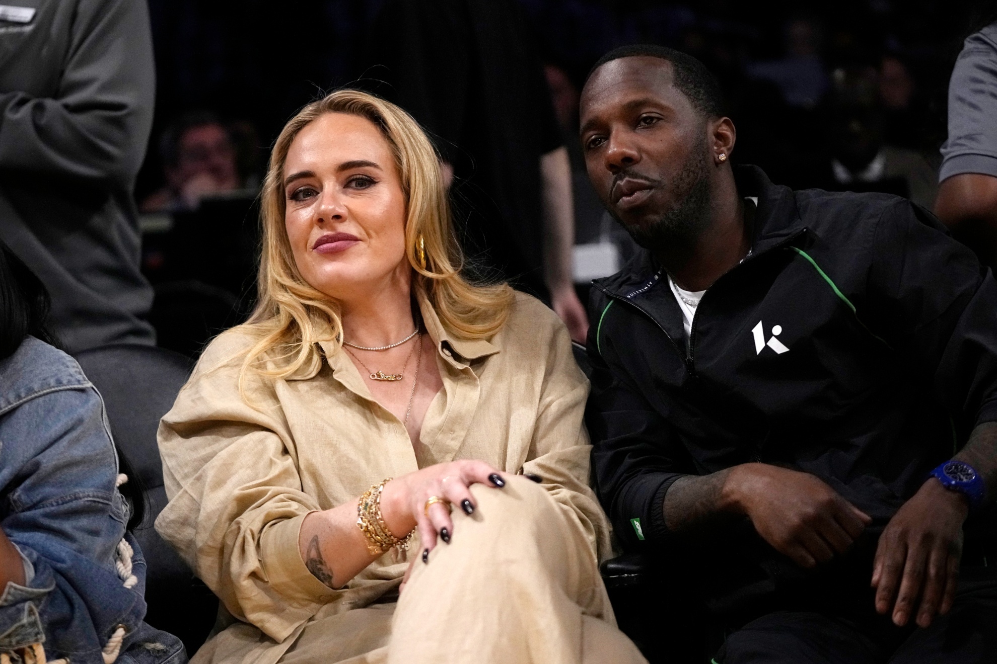 Singer Adele, left, sits with sports agent Rich Paul during the second half in Game 3 of an NBA basketball Western Conference semifinal between the Los Angeles Lakers and the Golden State Warriors Saturday, May 6, 2023, in Los Angeles. (AP Photo/Mark J. Terrill)