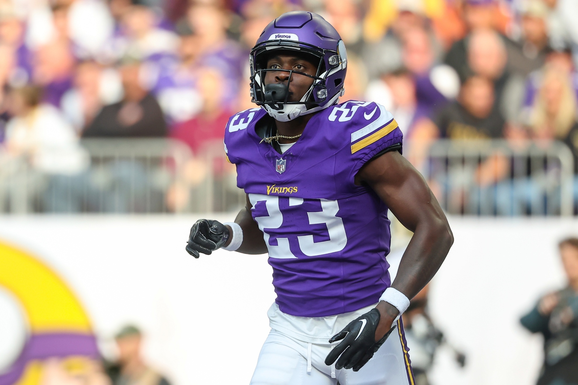 FILE - Minnesota Vikings cornerback Andrew Booth Jr. (23) in action during the first half of an NFL football game against the New Orleans Saints, Nov. 12, 2023, in St. Paul, Minn. (AP Photo/Matt Krohn, File)