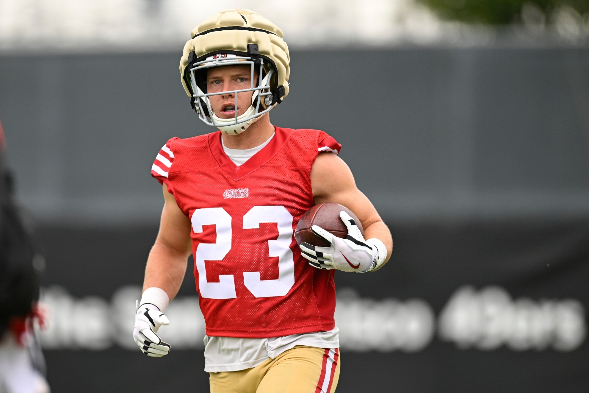 San Francisco 49ers running back Christian McCaffrey (23) practices during NFL football training camp