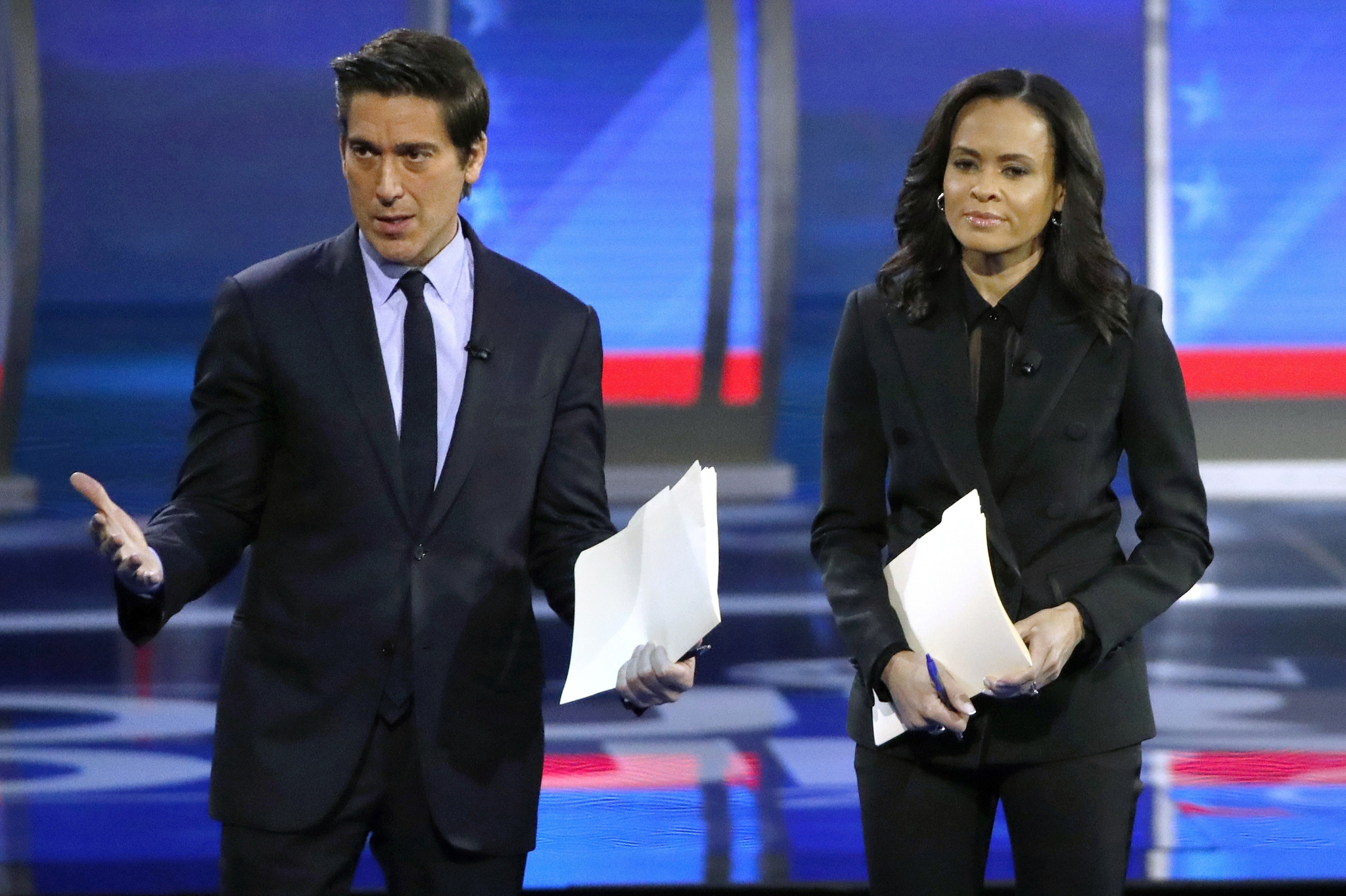 Who are David Muir and Linsey Davis, presidential debate moderators for Harris and Trump?