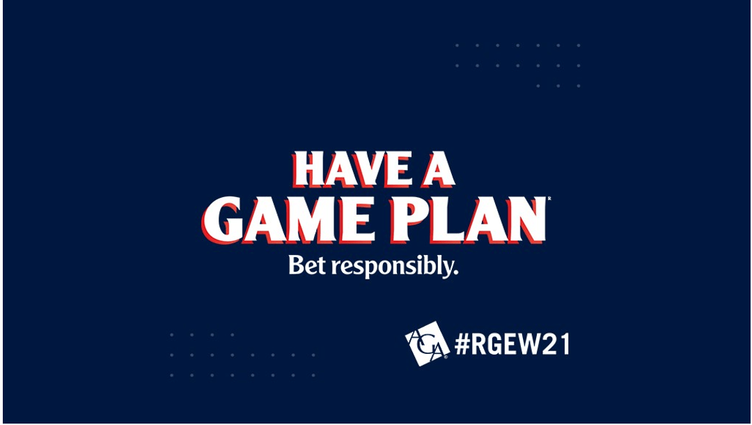 "Have a game plan" logo from the American Gaming Association on a blue background with the hashtag RGEW21 on the bottom right.