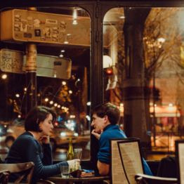 dating 101: couple on a date together near window with evening city lights in the background