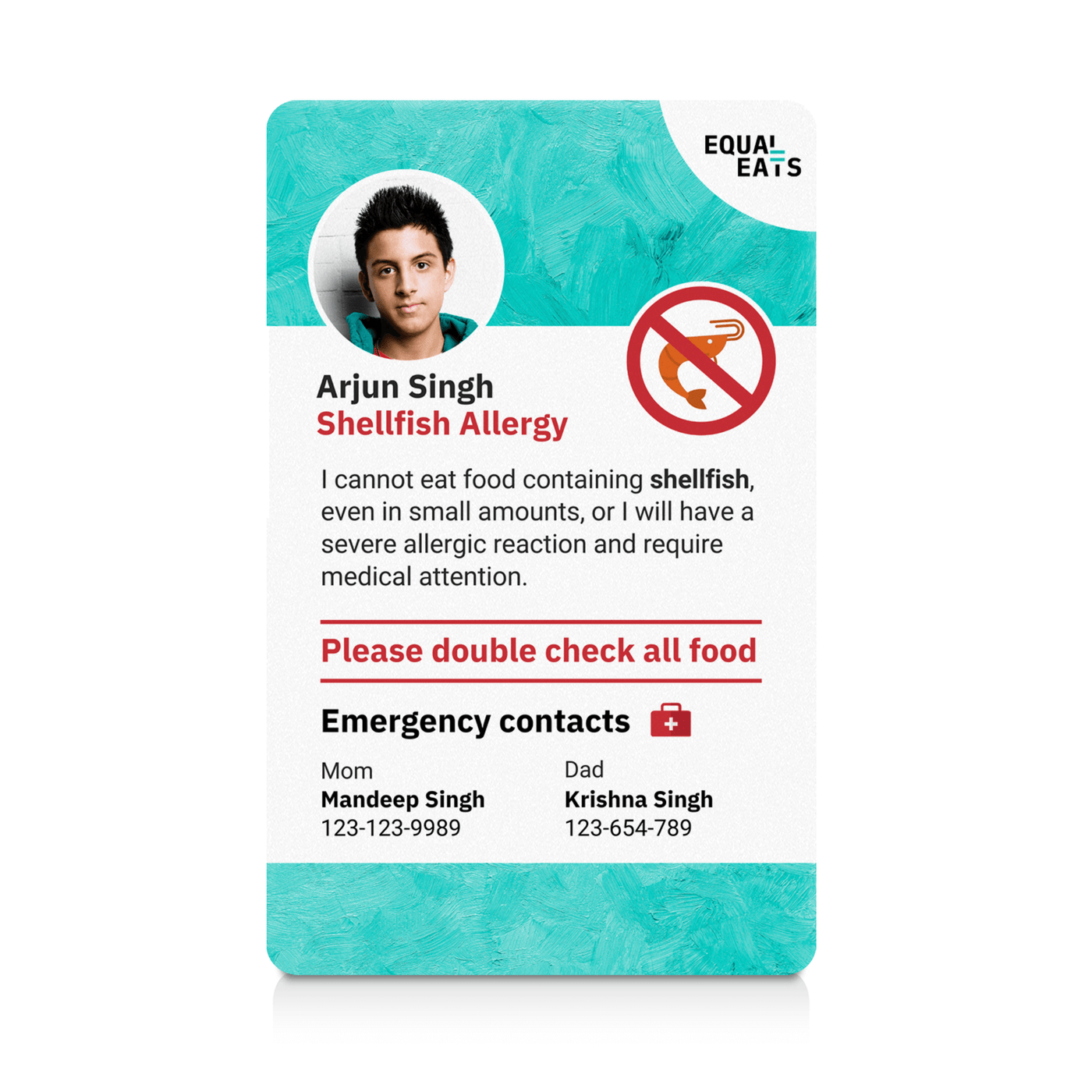 Teal Paint Shellfish Allergy ID Card (EqualEats)