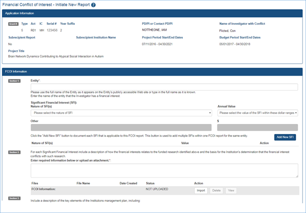 Existing Initiate New Report screen in FCOI