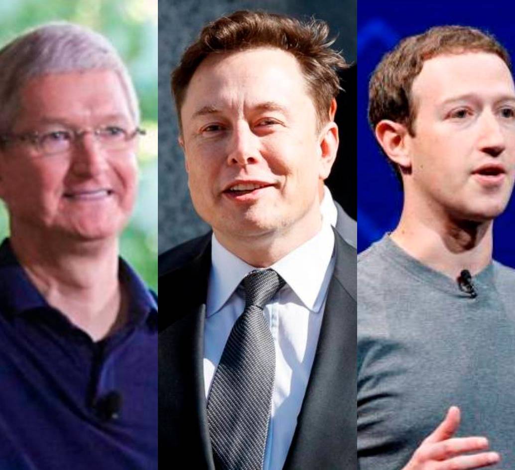 Tim Cook, de Apple (izq.); Elon Musk, de Tesla (centro); y Mark Zuckerberg, de Meta (der.), esán entre los CEO mejor pagados. FOTO CORTESÍA