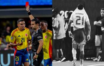 Momento en el que Daniel Muñoz fue expulsado por el árbitro Cesar Ramos en el partido contra Uruguay. FOTOS: Juan Antonio Sánchez y tomada de redes sociales