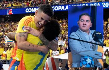 James y Lucho en la celebración de un gol. A la derecha, el periodista panameño ‘Chepe bomba’. FOTO: COLPRENSA y CUENTA DE X @chepebomba