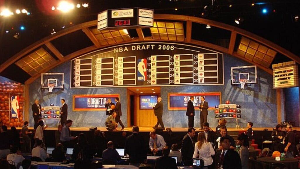 The draft board and stage pre draft during the 2006 NBA Draft.