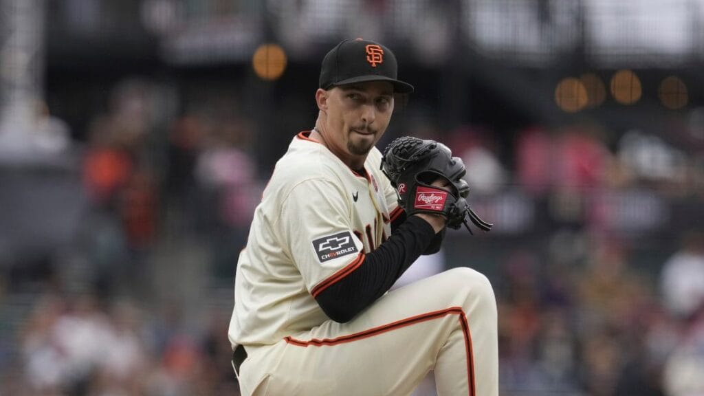 San Francisco Giants pitcher Blake Snell throws to a Colorado Rockies batter during the first game of a baseball doubleheader Saturday, July 27, 2024, in San Francisco.