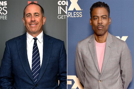 Jerry Seinfeld attends the LA Tastemaker event for Comedians in Cars at The Paley Center for Media on July 17, 2019 in Beverly Hills City, Chris Rock attends the FX Networks' Star Walk Winter Press Tour 2020 at The Langham Huntington, Pasadena on January 09, 2020 in Pasadena, California.