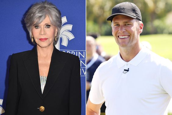 PALM SPRINGS, CALIFORNIA - JANUARY 06: Jane Fonda attends the 2023 Palm Springs International Film Festival: World Premiere of "80 For Brady" at Palm Springs High School on January 06, 2023 in Palm Springs, California. (Photo by David Crotty/Getty Images); MIAMI BEACH, FLORIDA - MAY 04: IWC brand ambassador and seven-time World Champion quarterback Tom Brady during The Big Pilot Challenge, an entertaining charity golf challenge organized by IWC Schaffhausen at the Miami Beach Golf Club on May 4, 2022 in Miami Beach, Florida. (Photo by Alexander Tamargo/Getty Images for IWC Schaffhausen)