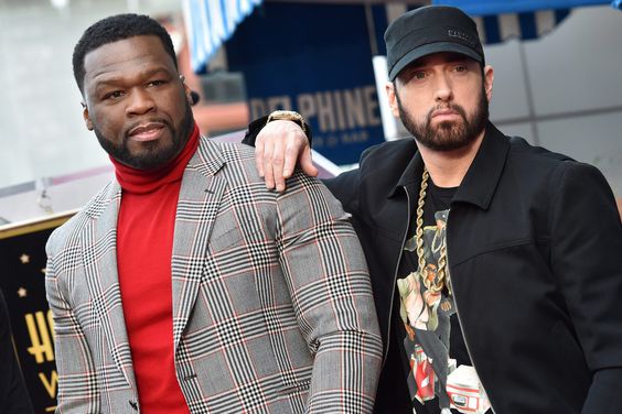 HOLLYWOOD, CALIFORNIA - JANUARY 30: Curtis "50 Cent" Jackson and Eminem attend the ceremony honoring Curtis "50 Cent" with a Star on the Hollywood Walk of Fame on January 30, 2020 in Hollywood, California. (Photo by Axelle/Bauer-Griffin/FilmMagic)