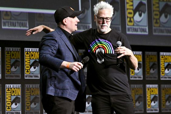 President of Marvel Studios Kevin Feige and James Gunn speak onstage during the Marvel Studios panel in Hall H at the 2022 Comic-Con International held at the San Diego Convention Center on July 23, 2022 in San Diego, California.