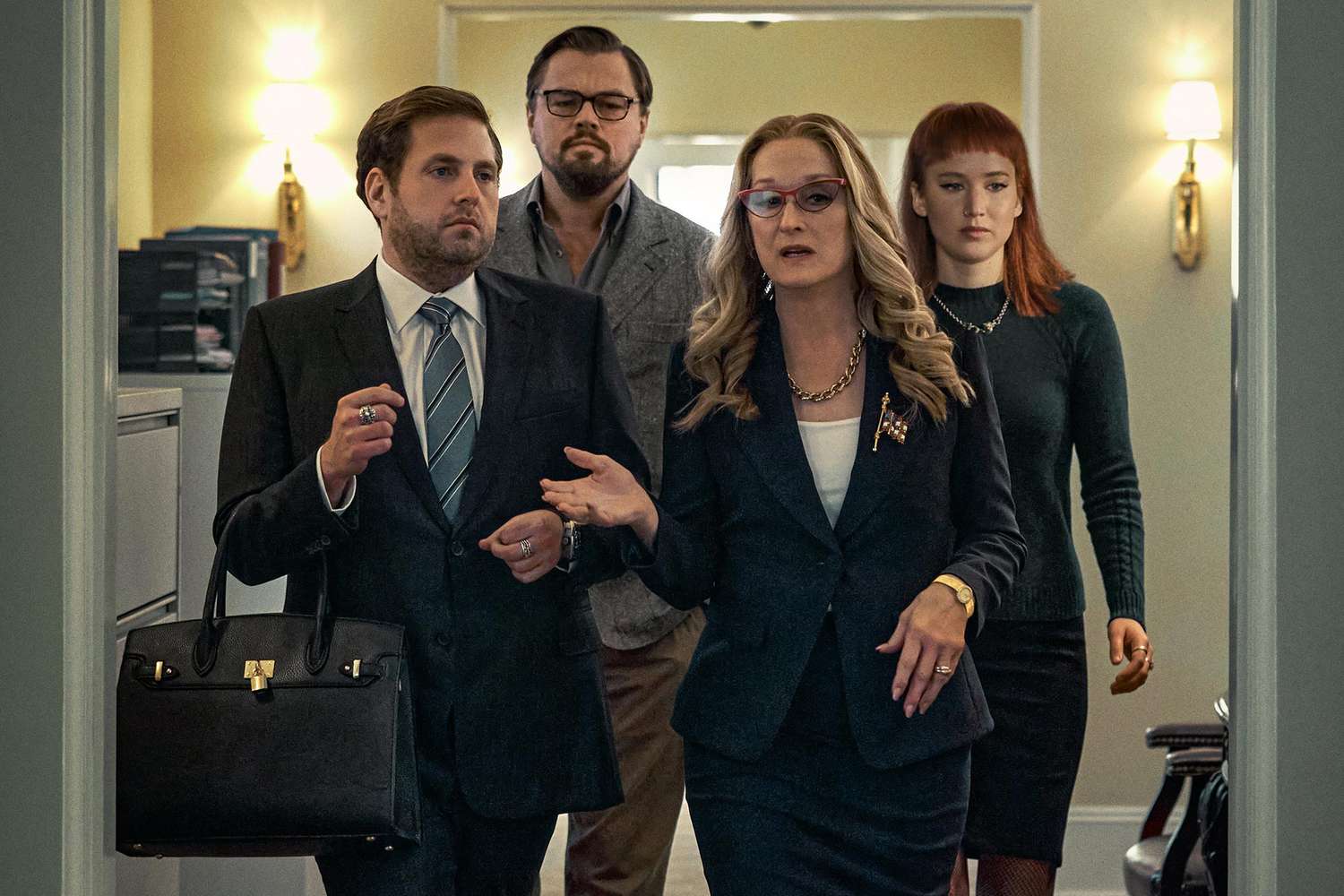 (From left to right) Jonah Hill, Leonardo DiCaprio, Meryl Streep, and Jennifer Lawrence in 'Don't Look Up'