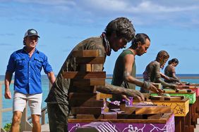 Jeff Probst with Charlie Davis, Ben Katzman, Kenzie Petty, Liz Wilcox, and Maria Shrime Gonzalez on 'Survivor 46'