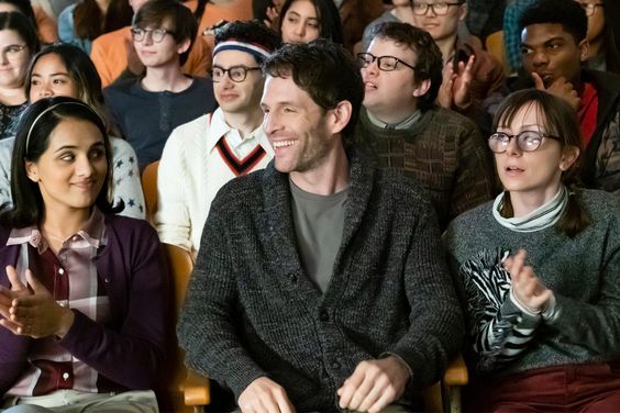 A.P. BIO -- "Personal Everest" Episode 201 -- Pictured: (l-r) Aparna Brielle as Sarika, Nick Peine as Marcus, Glenn Howerton as Jack, Jacob Houston as Victor, Allisyn Ashley Arm as Heather, Spence Moore II as Dan -- (Photo by: Vivian Zink/NBC/NBCU Photo Bank via Getty Images)