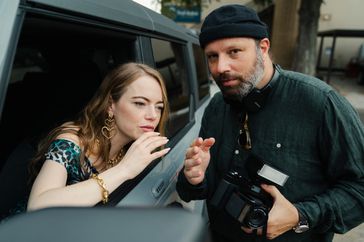 Emma Stone and Yorgos Lanthimos on the set of KINDS OF KINDNESS