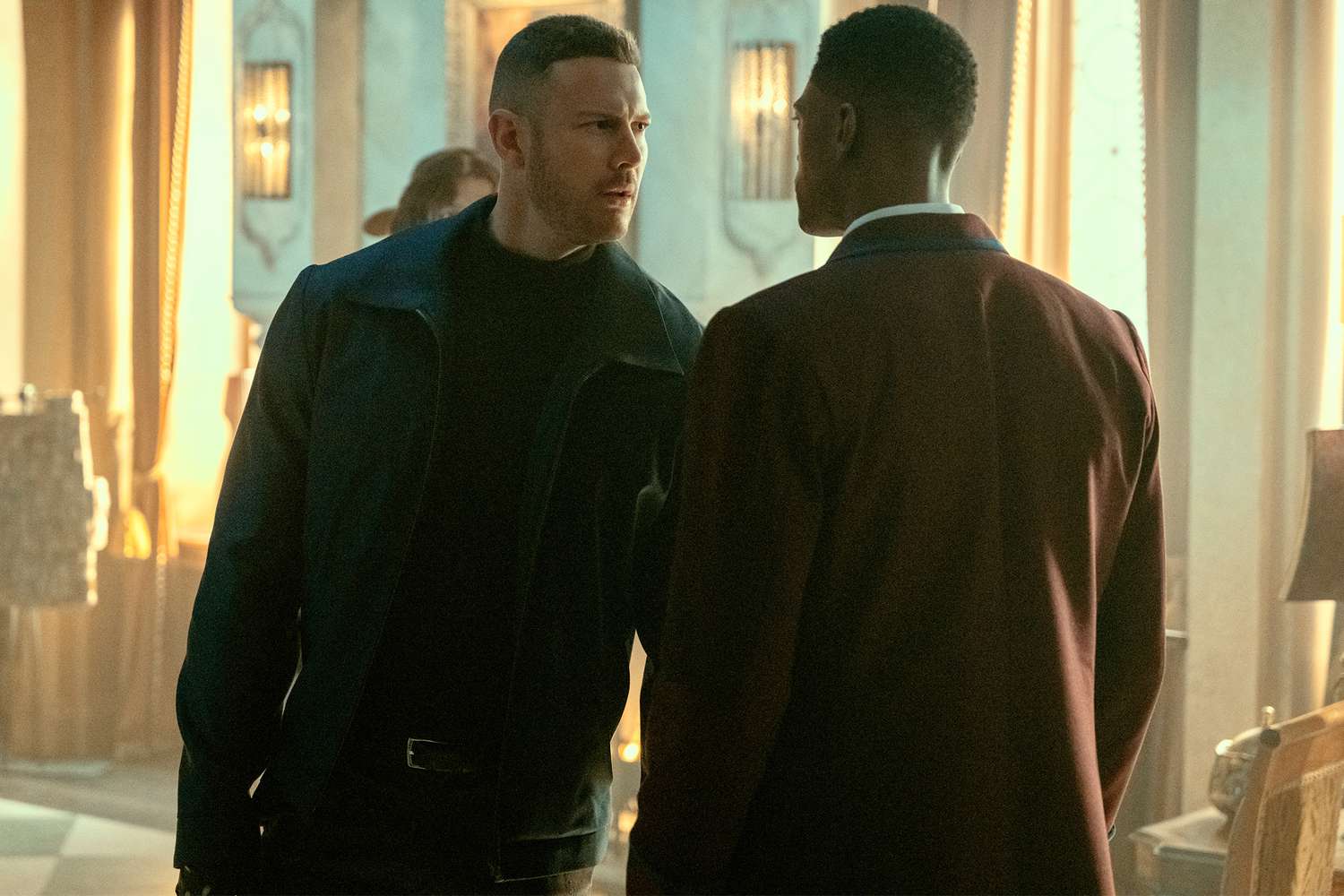 The Umbrella Academy. (L to R) Tom Hopper as Luther Hargreeves, Justin Cornwell as Marcus in episode 301 of The Umbrella Academy. Cr. Christos Kalohoridis/Netflix © 2022