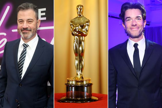 Split frame of Jimmy Kimmel, The Oscars statue and John Mulaney