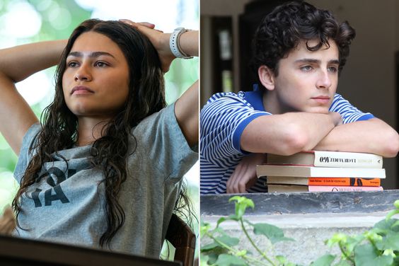 Zendaya in Challengers next to photo of Timothee Chalamet in Call Me By Your Name