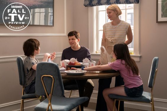 “FLEISHMAN IS IN TROUBLE” - Pictured (L-R): Maxim Swinton as Solly Fleishman, Jesse Eisenberg as Toby Fleishman, Claire Danes as Rachel Fleishman, Meara Mahoney Gross as Hannah Fleishman.