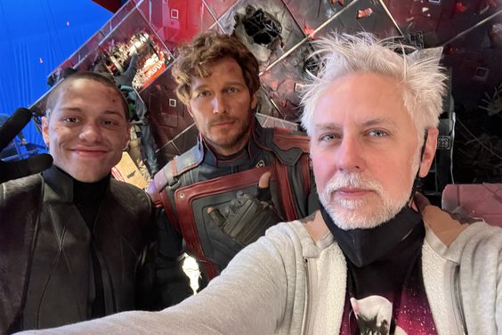 Pete Davidson, Chris Pratt, and James Gunn on the set of 'Guardians of the Galaxy Vol. 3'