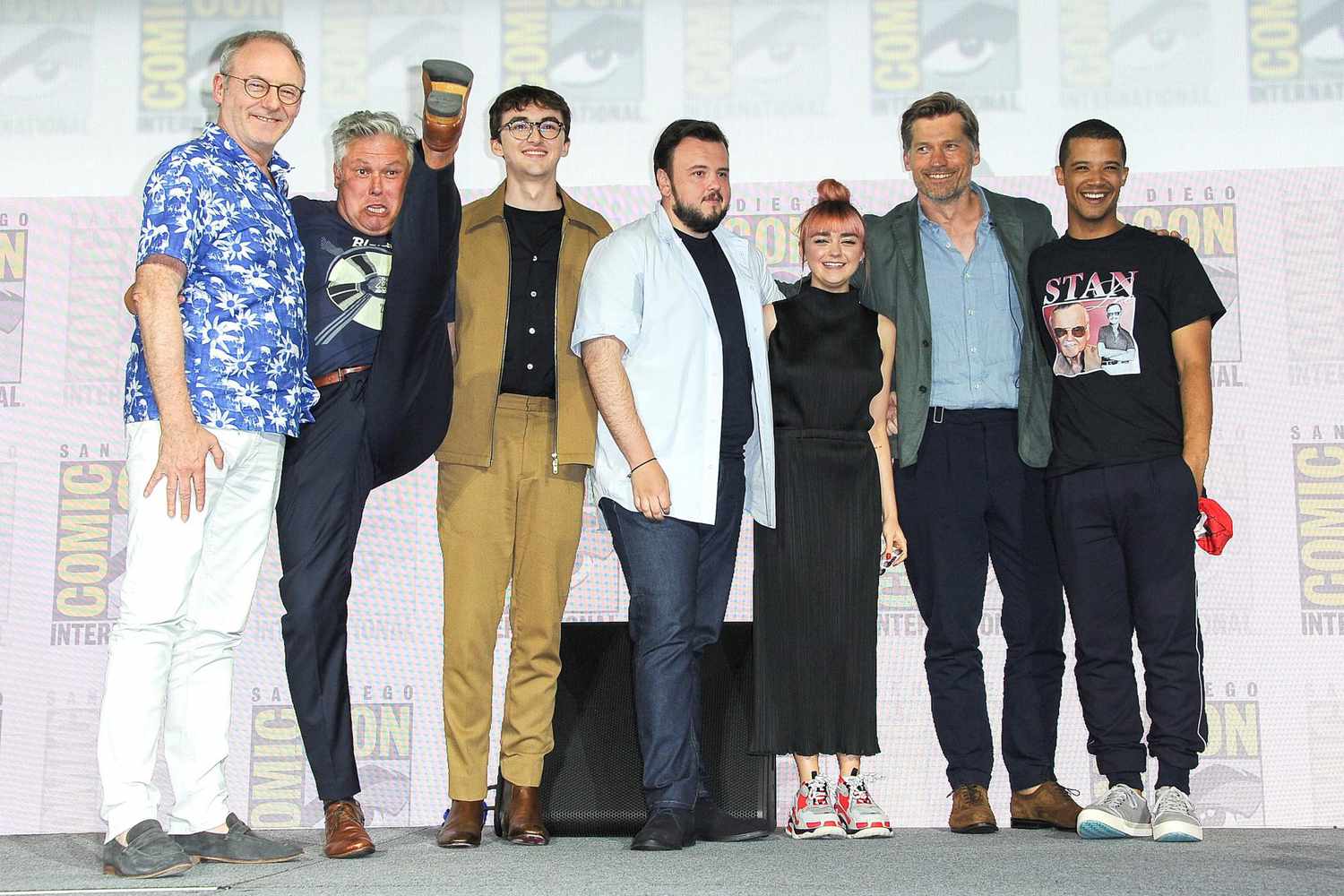 SAN DIEGO, CALIFORNIA - JULY 19: (L-R) Liam Cunningham, Conleth Hill, Isaac Hempstead Wright, John Bradley, Maisie Williams, Nikolaj Coster-Waldau and Jacob Anderson speak at the "Game Of Thrones" Panel And Q&A during 2019 Comic-Con International at San Diego Convention Center on July 19, 2019 in San Diego, California. (Photo by Albert L. Ortega/Getty Images)