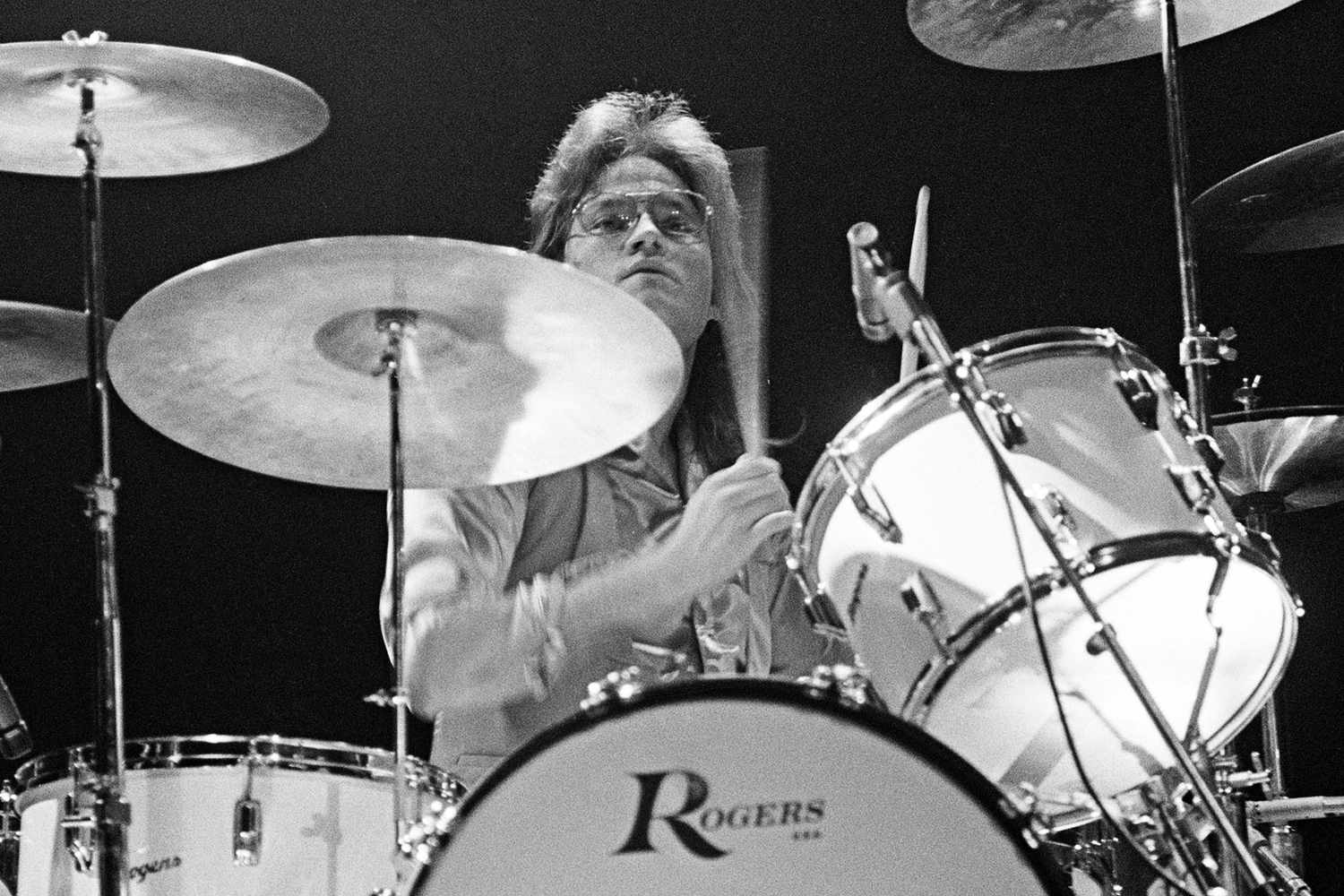 Drummer Robbie Bachman from Canadian group Bachman-Turner Overdrive (BTO) performs live on stage at the New Fillmore East in New York in December 1974.