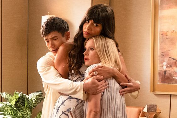 THE GOOD PLACE -- "A Girl From Arizona" Episode 401/402 -- Pictured: (l-r) Ted Danson as Michael, D'Arcy Carden as Janet, Manny Jacinto as Jason, Jameela Jamil as Tahani, Kristen Bell as Eleanor -- (Photo by: Colleen Hayes/NBC)