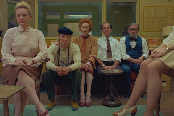 Elisabeth Moss, Owen Wilson, Tilda Swinton, Fisher Stevens, and Griffin Dunne in 'The French Dispatch'