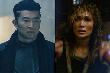 Simu Liu as Harlan and Jennifer Lopez as Atlas in Atlas.