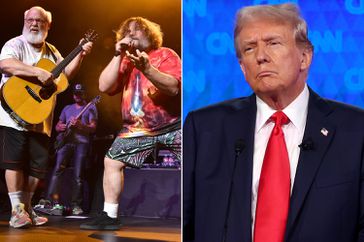 Split photo of Tenacious D and Donald Trump