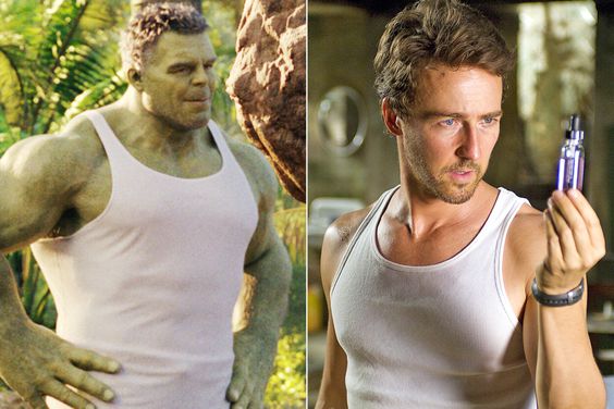 (L-R): Mark Ruffalo as Smart Hulk / Bruce Banner and Tatiana Maslany as Jennifer "Jen" Walters/She-Hulk in Marvel Studios' She-Hulk: Attorney at Law, exclusively on Disney+. Photo courtesy of Marvel Studios. © 2022 MARVEL.; THE INCREDIBLE HULK, Edward Norton, 2008. ©Universal/courtesy Everett Collection