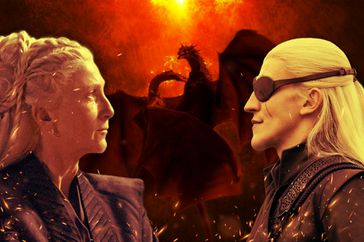 Collage of Eve Best as Rhaenys Targaryen and Ewan Mitchell as Aemond Targaryen with their dragons Meleys and Vhagar behind them
