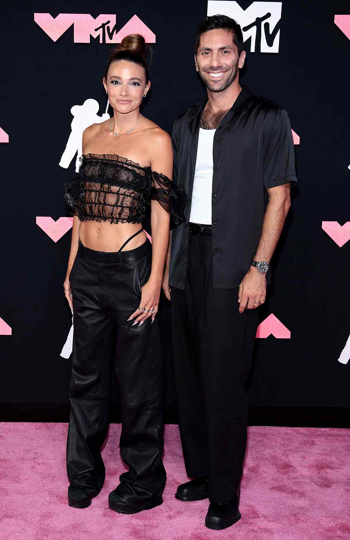 Laura Perlongo and Nev Schulman attend the 2023 MTV Video Music Awards at the Prudential Center on September 12, 2023 in Newark, New Jersey.