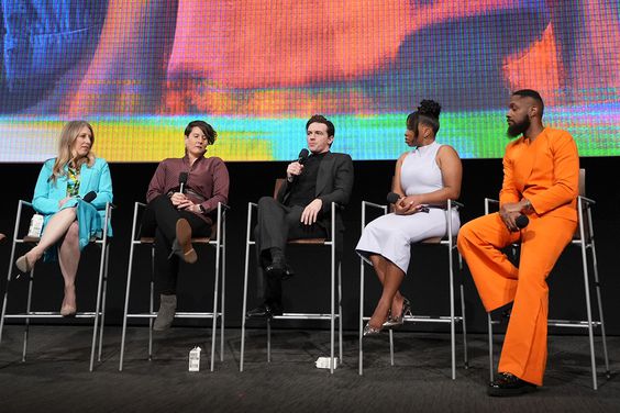Scaachi Koul, Mary Robertson, Emma Schwartz, Drake Bell, Giovonnie Samuels, Bryan Hearne and Kate Taylor speak onstage during the "Quiet On Set: The Dark Side of Kids TV" For Your Consideration event at Saban Media Center on April 09, 2024 in North Hollywood, California.