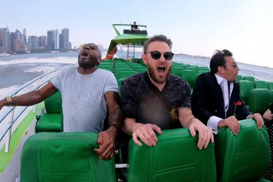 Jonathan Van Ness, Tan France, Antoni Porowski, Karamo Brown, and Bobby Berk of Queer Eye's Fab Five ride "The Beast" with host Jimmy Fallon on July 31, 2019