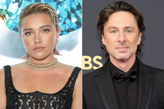 Florence Pugh attends the opening of Tiffany & Co.'s Brand Exhibition - Vision & Virtuosity - at the Saatchi Gallery on June 9, 2022 in London, England.; Zach Braff attends the 73rd Primetime Emmy Awards at L.A. LIVE on September 19, 2021 in Los Angeles, California.