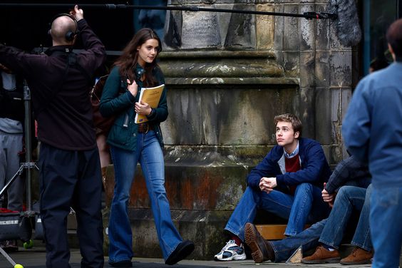 Ed McVey, as Prince William and actress Meg Bellamy, who plays Kate Middleton are seen during filming for the next season of The Crown in St Andrews, on March 17, 2023 in St Andrews, Scotland.