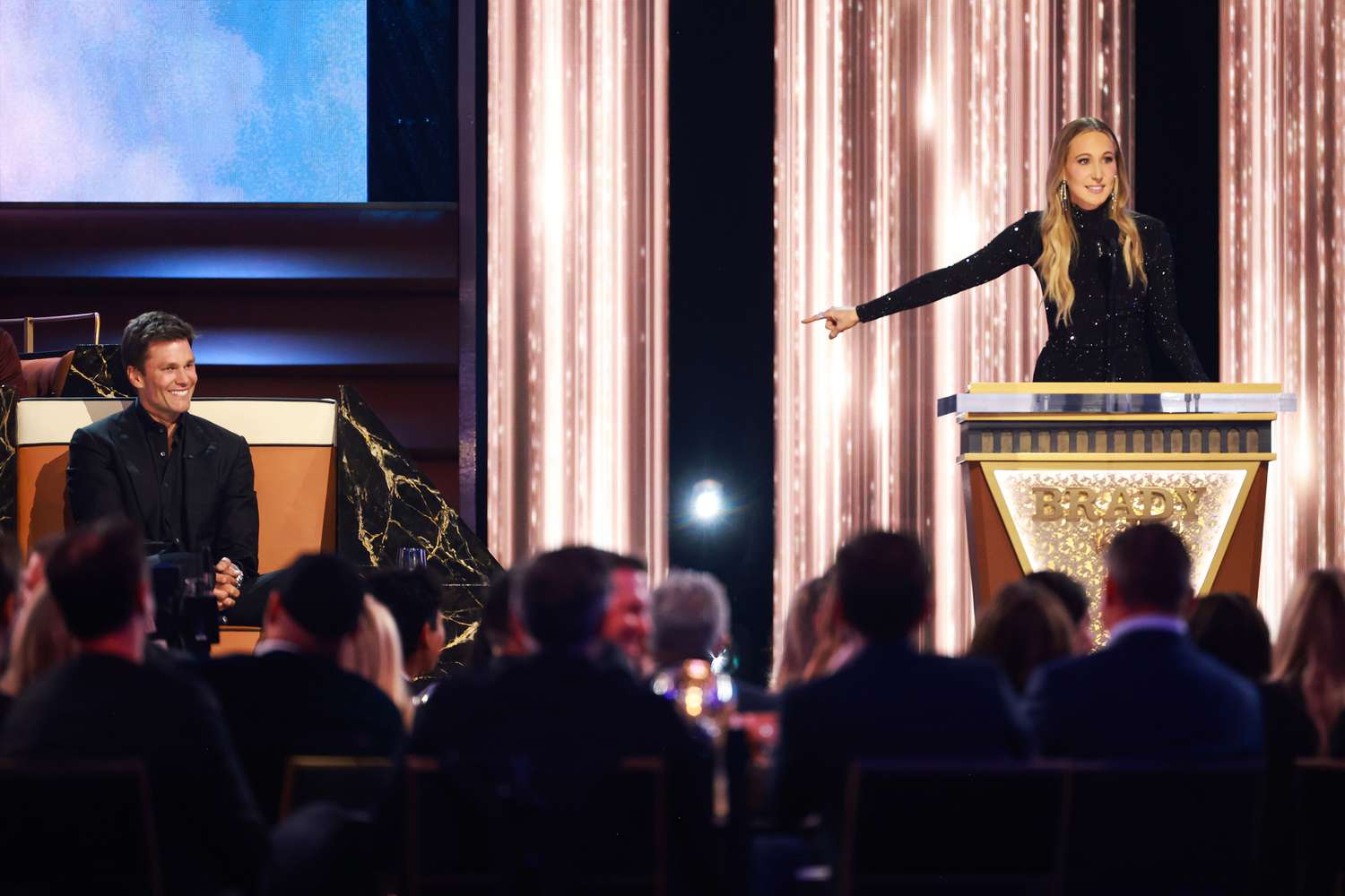 Tom Brady and Nikki Glaser speak onstage during G.R.O.A.T The Greatest Roast Of All Time: Tom Brady for the Netflix is a Joke Festival at The Kia Forum on May 05, 2024