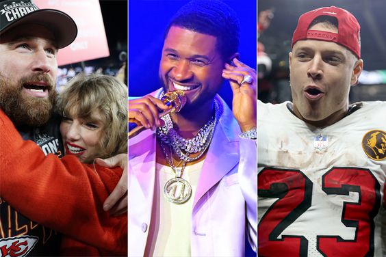 Travis Kelce #87 of the Kansas City Chiefs celebrates with Taylor Swift after a 17-10 victory against the Baltimore Ravens in the AFC Championship Game at M&T Bank Stadium on January 28, 2024 in Baltimore, Maryland, Usher performs during the Strength Of A Woman Festival & Summit State Farm Arena Concert at State Farm Arena on May 07, 2022 in Atlanta, Georgia., Christian McCaffrey #23 of the San Francisco 49ers walks off the field eating a turkey leg after beating the Seattle Seahawks 31-13 at Lumen Field on November 23, 2023 in Seattle, Washington. 