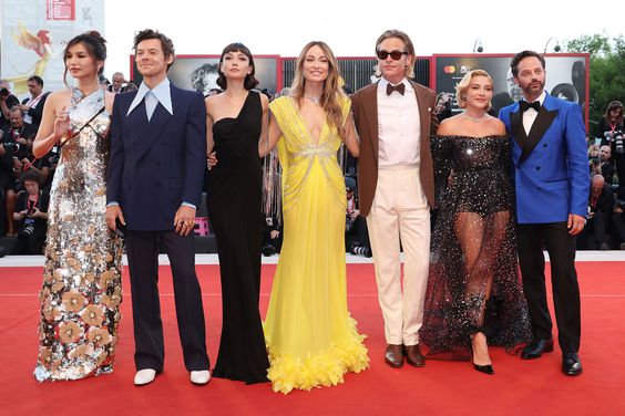 Gemma Chan, Harry Styles, Sydney Chandler, director Olivia Wilde, Chris Pine, Florence Pugh and Nick Kroll attend the "Don't Worry Darling" red carpet at the 79th Venice International Film Festival on September 05, 2022 in Venice, Italy.