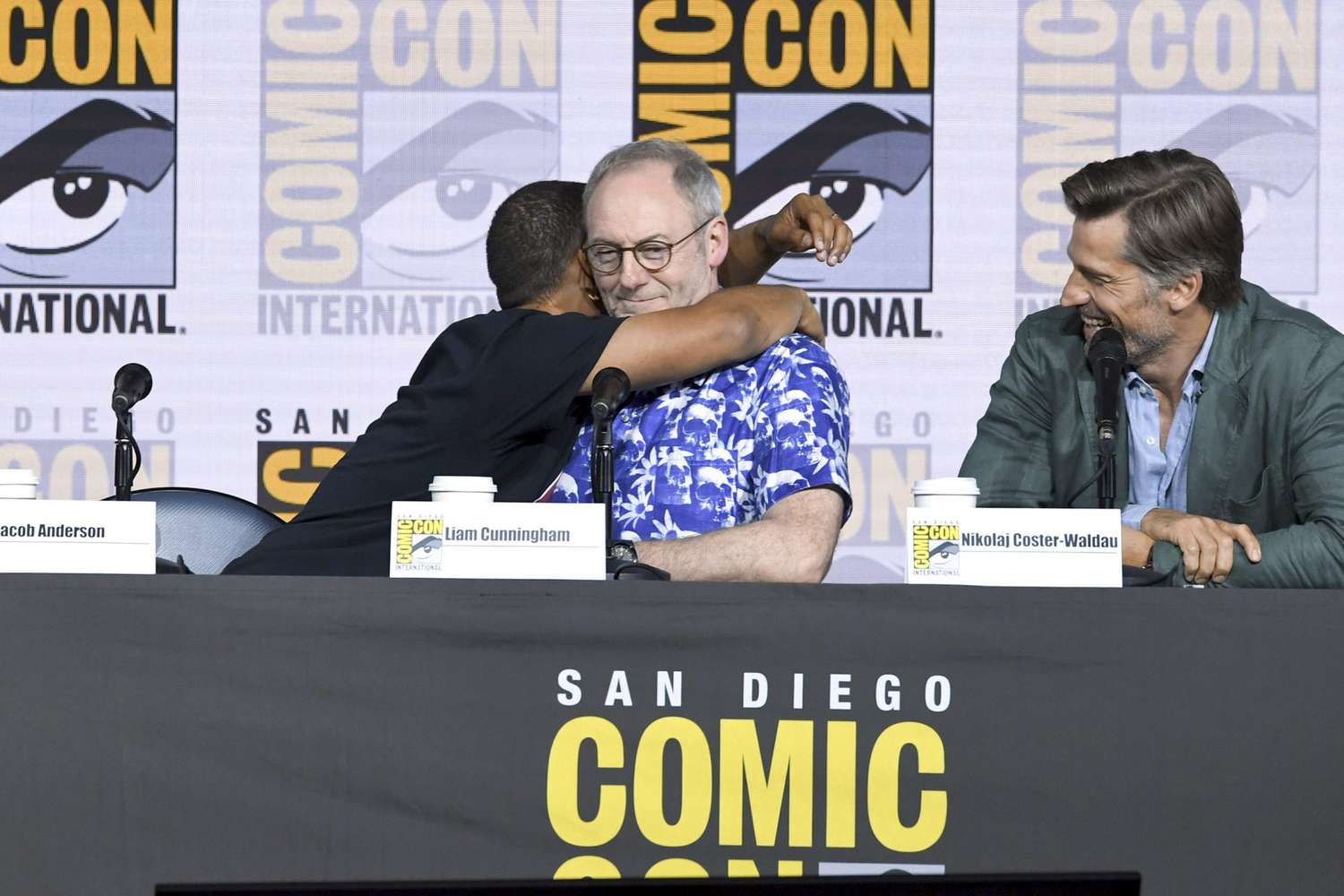 SAN DIEGO, CALIFORNIA - JULY 19: (L-R) Maisie Williams, Jacob Anderson, Liam Cunningham, and Nikolaj Coster-Waldau speak at the "Game Of Thrones" Panel And Q&A during 2019 Comic-Con International at San Diego Convention Center on July 19, 2019 in San Diego, California. (Photo by Kevin Winter/Getty Images)